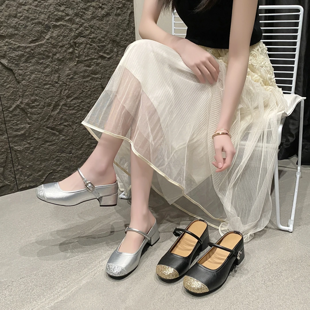 舒适款粗跟银色玛丽珍鞋女2025夏新款小香风法式拼色一字带高跟鞋