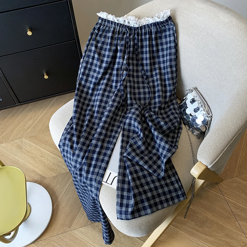 2025春夏新款蓝格子韩系高腰显瘦百搭休闲裤女宽松直筒阔腿长裤子