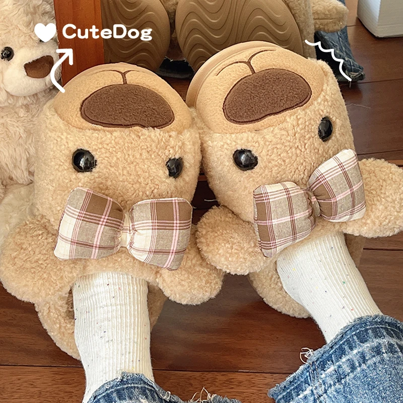 可爱蝴蝶结小熊包头毛绒棉拖鞋女冬季居家保暖舒适防滑卡通学生拖