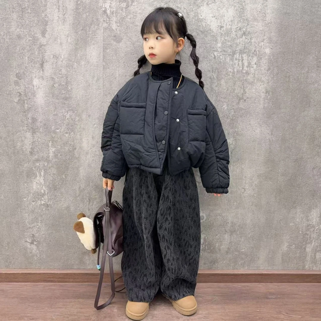 女童秋冬新款儿童冬季韩范棉服外套加绒豹纹裤时尚百搭两件套潮