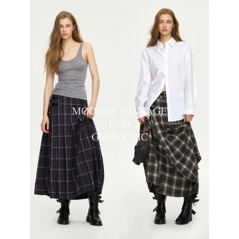 ULD/GeekChic90s摩登女作家中古格纹羊毛高智感穿搭多片格纹裙