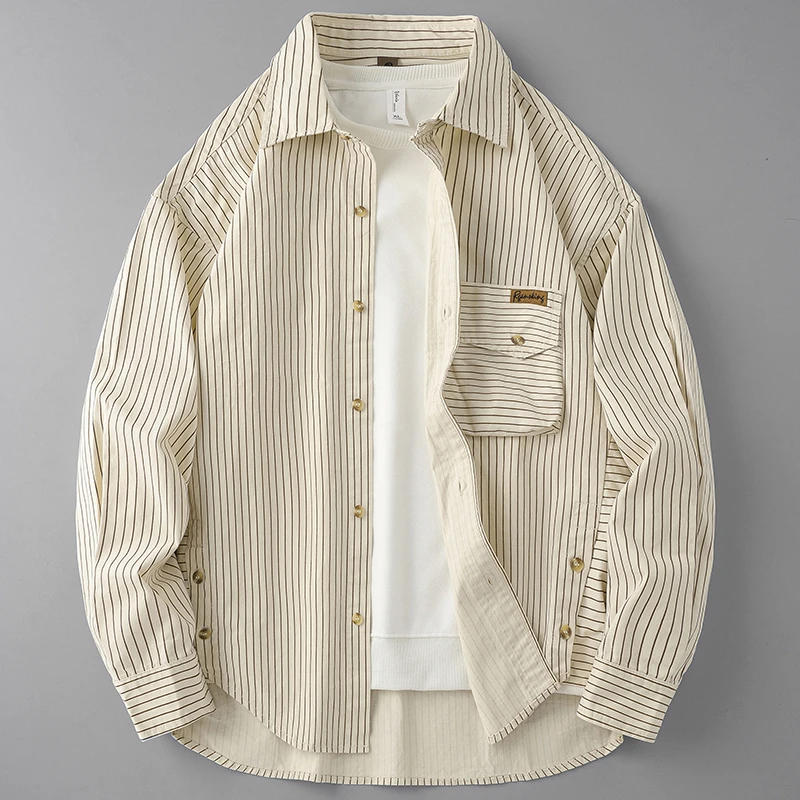 MR.MUDI/穆迪先生新款长袖衬衫外套男士帅气高端条纹宽松休闲衬衣
