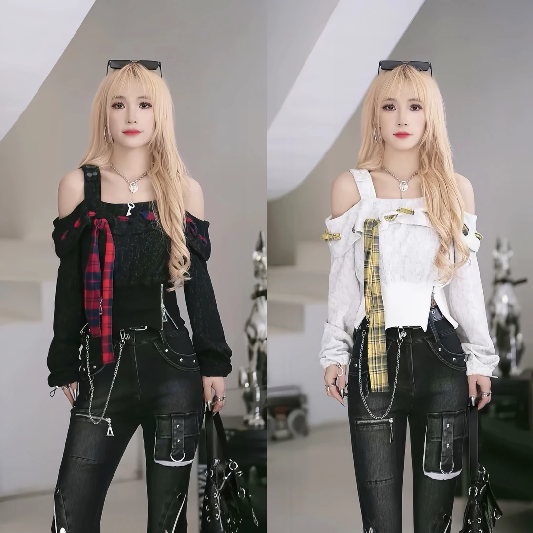 【笑姐定制】D9A550A 原创新款小众露肩吊带设计收腰拉链卫衣