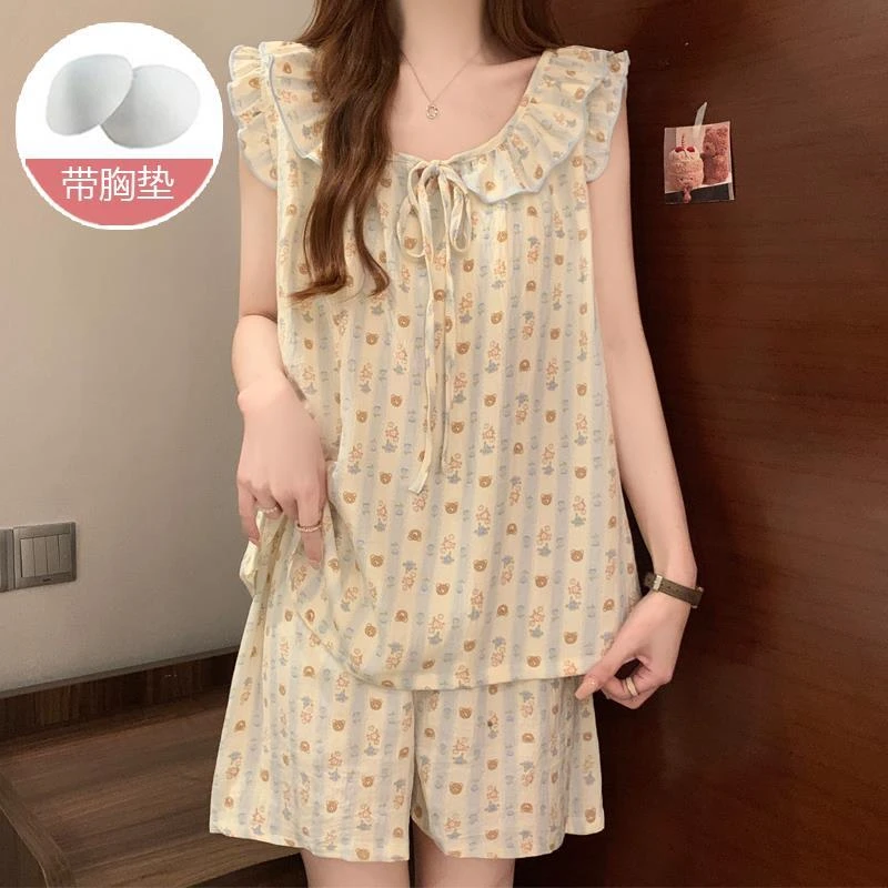 卡通小熊云朵棉背心短裤睡衣女套装夏季2025新款带胸垫甜美家居服
