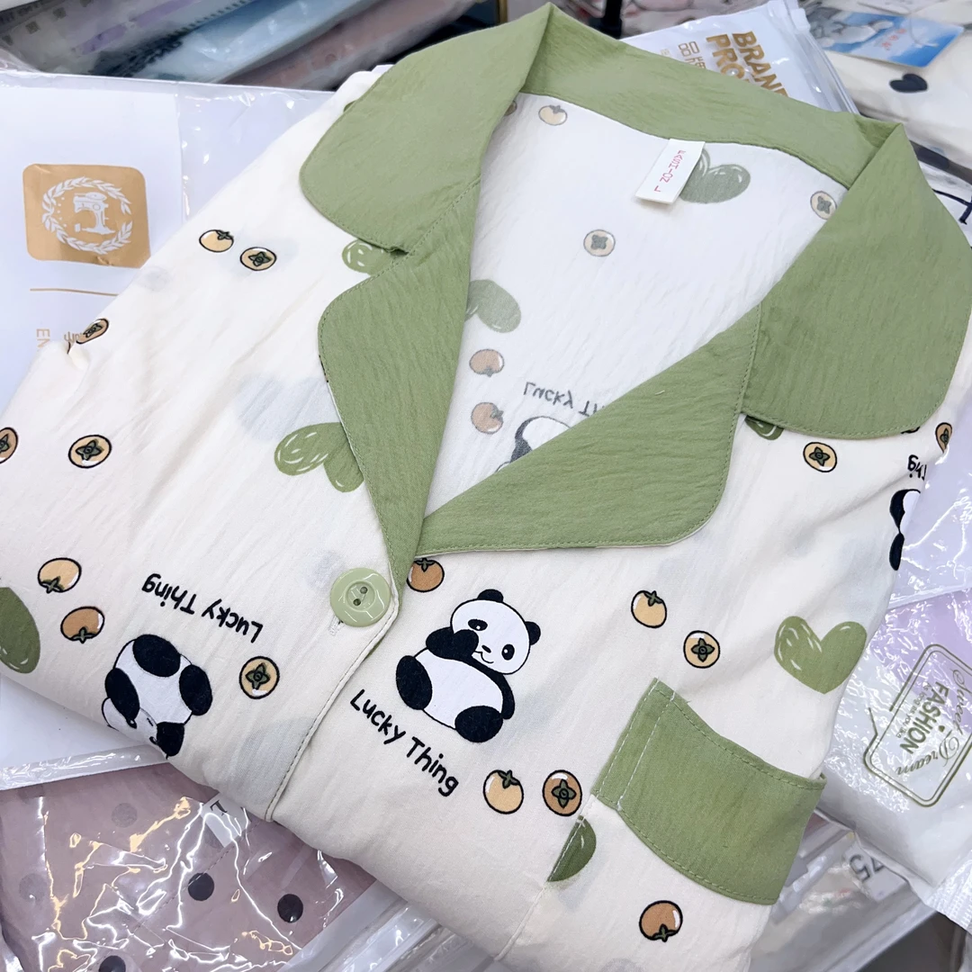 【R515】夏款绿色幸运熊猫短袖短裤+长裤三件套+胸垫【开衫款】