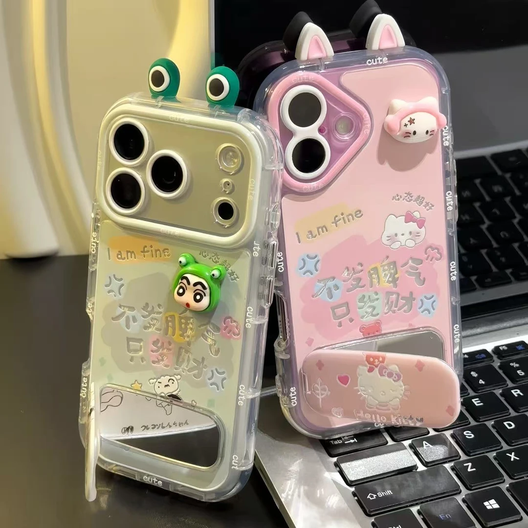 青蛙小新KT猫耳朵支架适用苹果16/17promax手机壳华为vivoppo小米