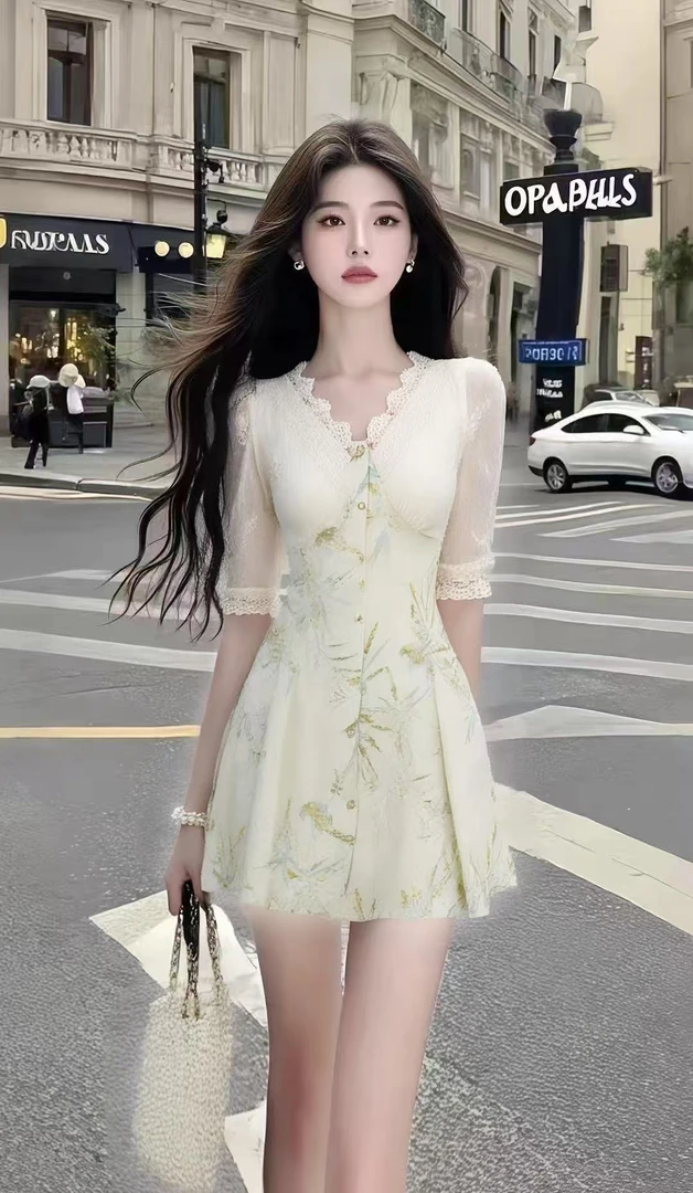 夏季新款时尚V领短袖蕾丝边修身印花连衣裙女温婉显瘦氛围感女装