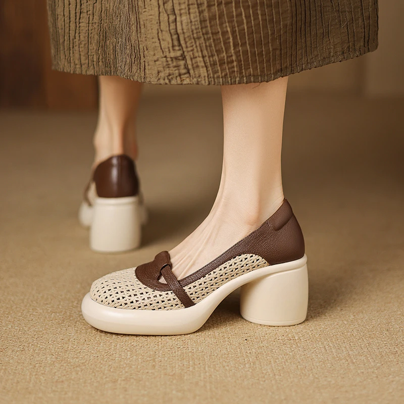 【7cm/头层羊皮】小个子拼色镂空松糕厚底圆头单鞋2619