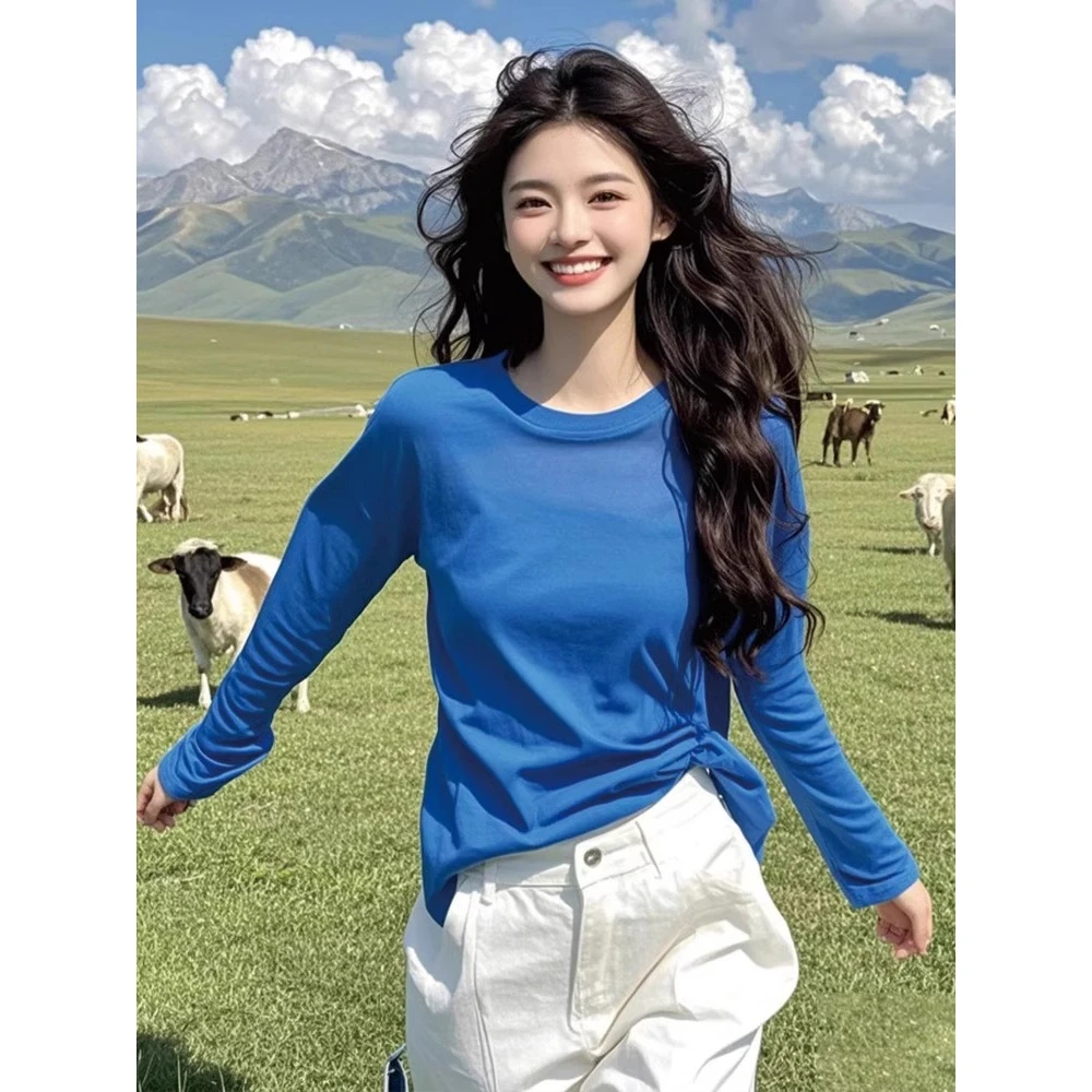 早春独特别致辣妹克莱因蓝长袖打底衫女内搭设计感超好看圆领上衣