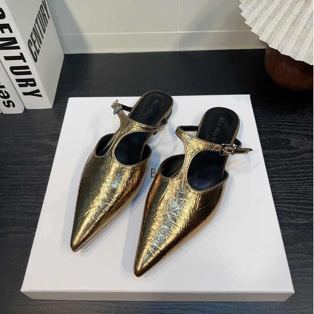 2025年时尚新款低跟包头半拖鞋穆勒拖T字绊带法式女平底晚晚风