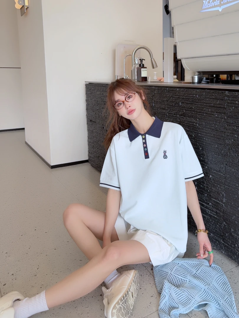 青少年2025夏季新款女大童舒适洋气青少年学院风POLO领短袖8861