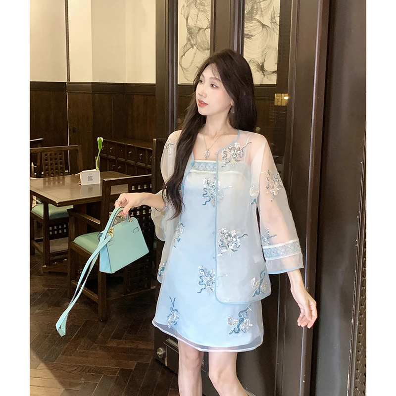果果家【清梦遥】新中式夏季薄款短外套2025女宽松设计钉珠连衣裙