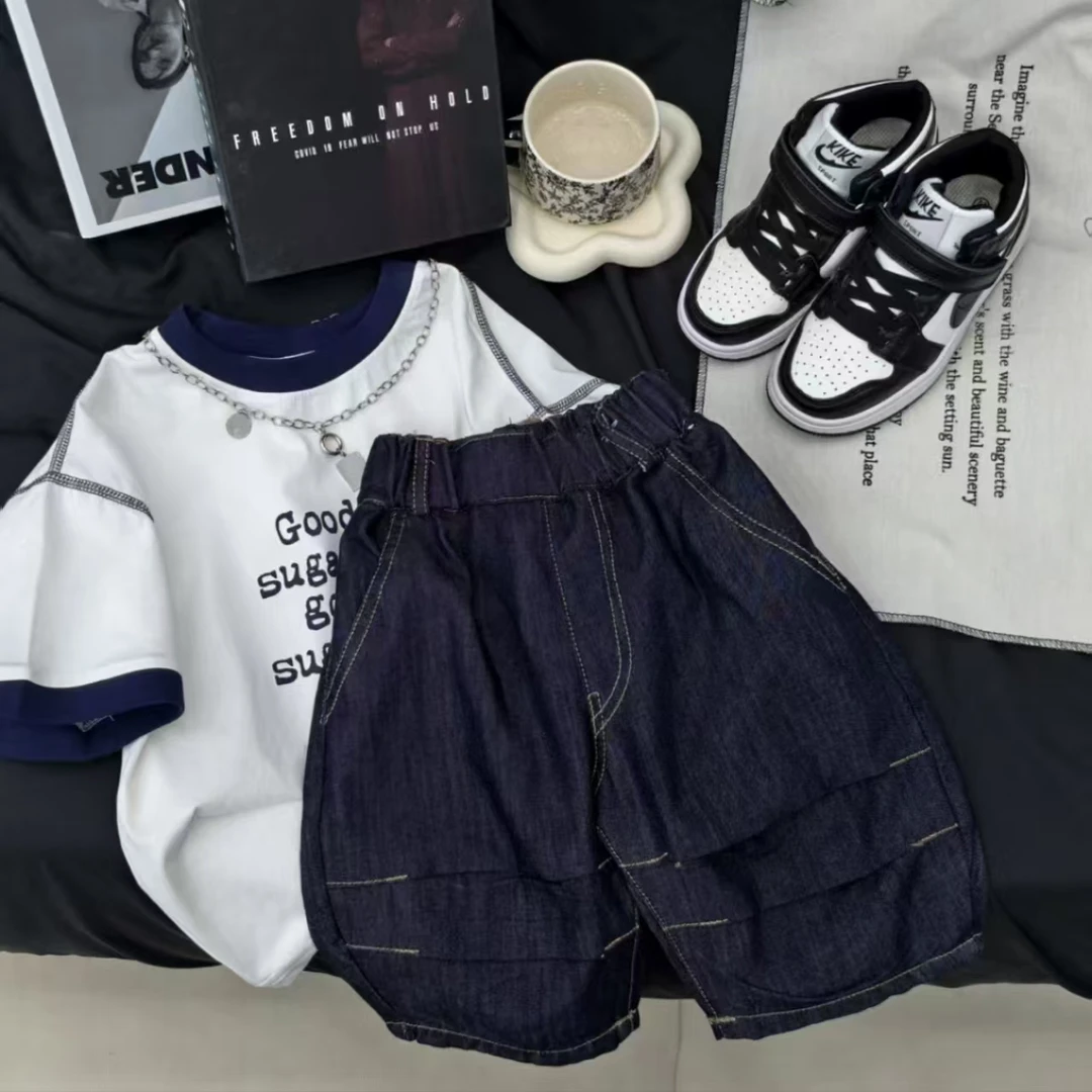 【薄款牛仔】夏日./儿童男童韩版原色宽松设计感明线牛仔中裤7058