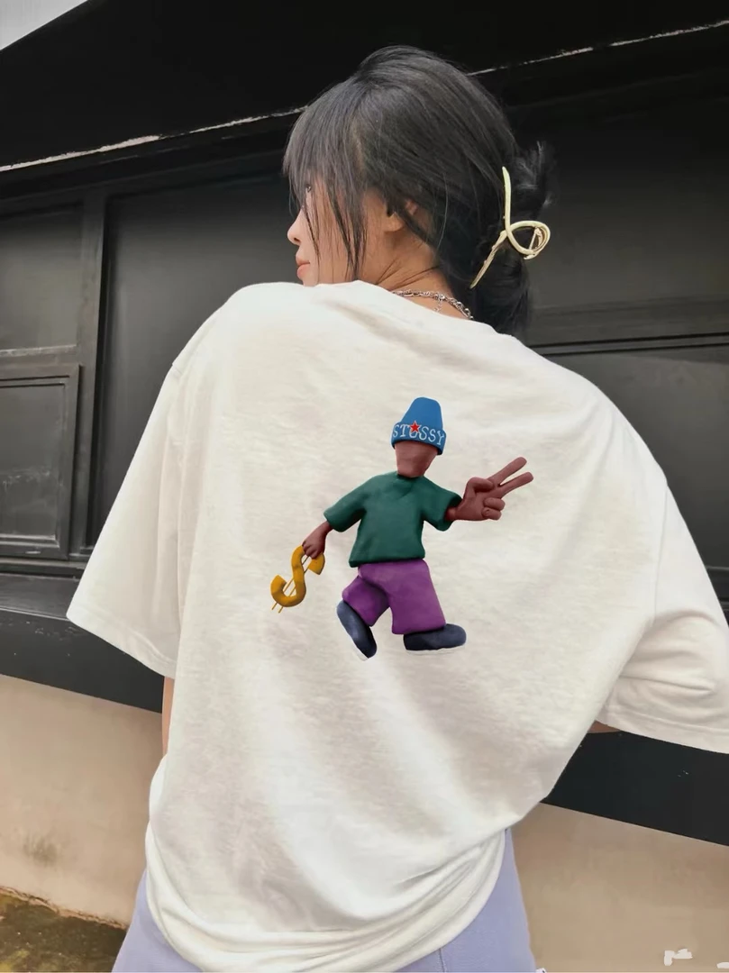 纯棉美式嘻哈潮流比耶卡通人物印花短袖T恤女宽松情侣白色上衣