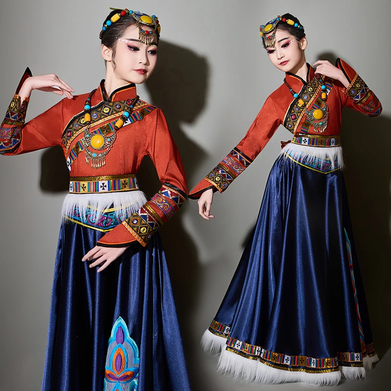 儿童新款藏族舞蹈大摆裙女藏袍西藏少数民族舞蹈演出服艺考表演服