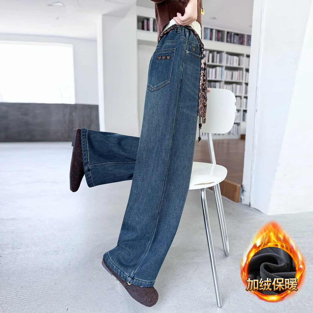 女童冬季高腰直筒裤2025年新款牛仔裤儿童洋气宽松加绒加厚中大童