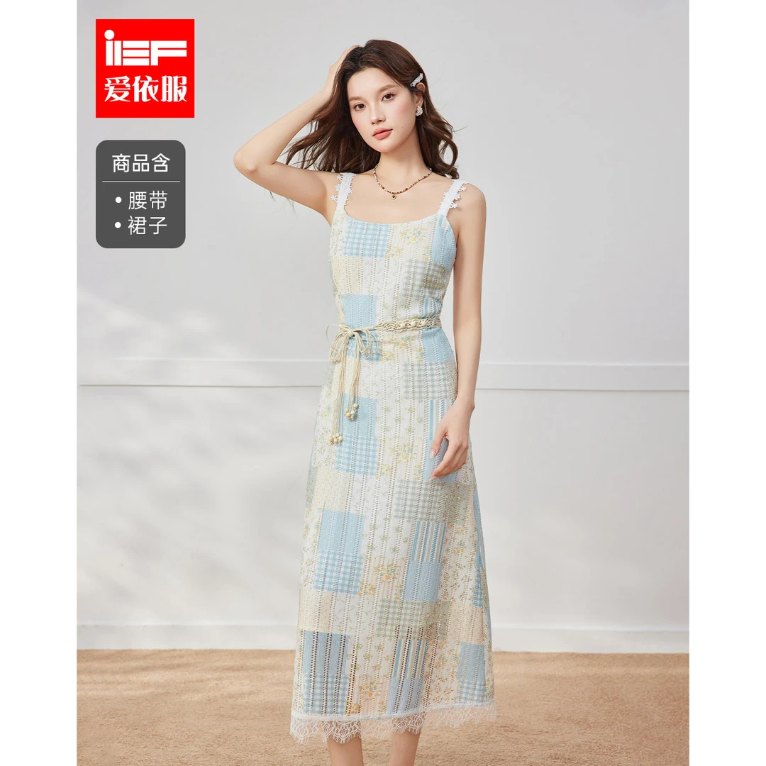 EF/爱依服2025新款夏季梭织吊带长裙蕾丝碎花显瘦气质复古法式