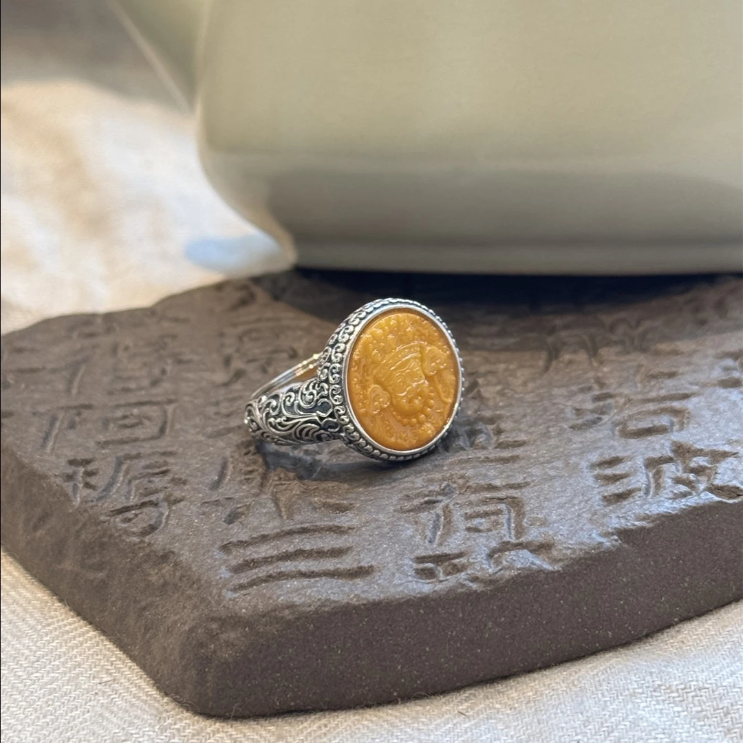 925银戒指 J12826 黄色扎基拉姆圆牌唐草纹复古纯银戒指百搭国风