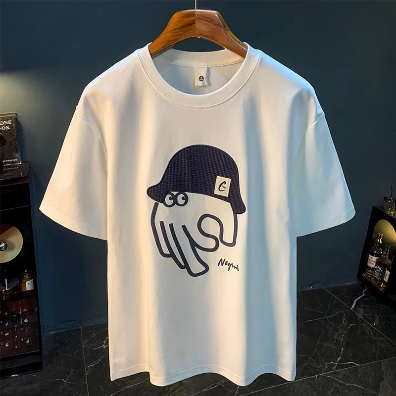 夏季印花刺绣T恤男款高端5XL加大码宽松短袖t恤百搭休闲时尚