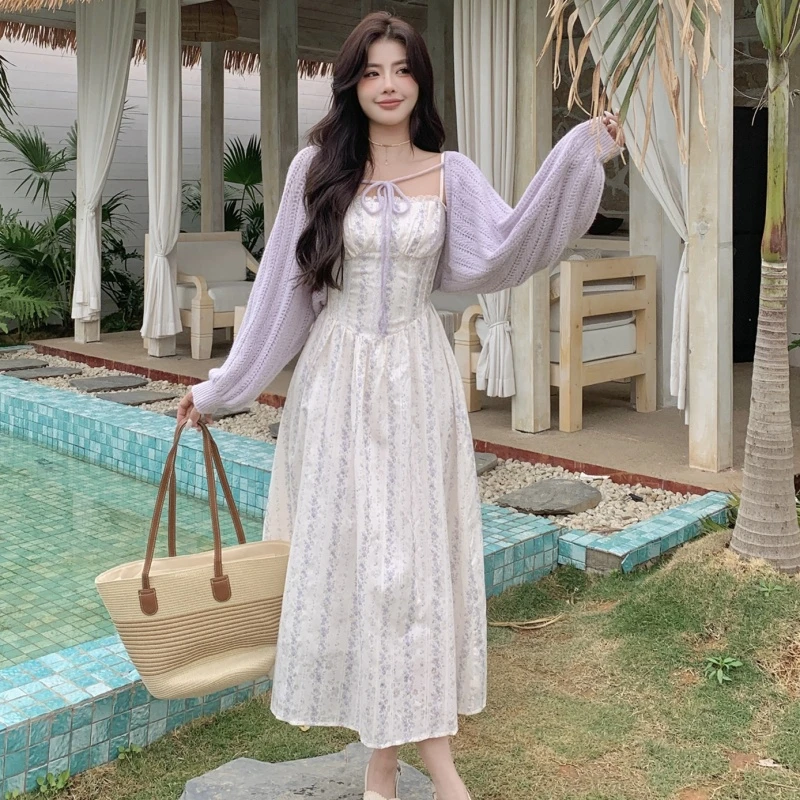 蕾丝花边一字领碎花连衣裙女春夏温柔风气质显瘦中长款仙女吊带裙