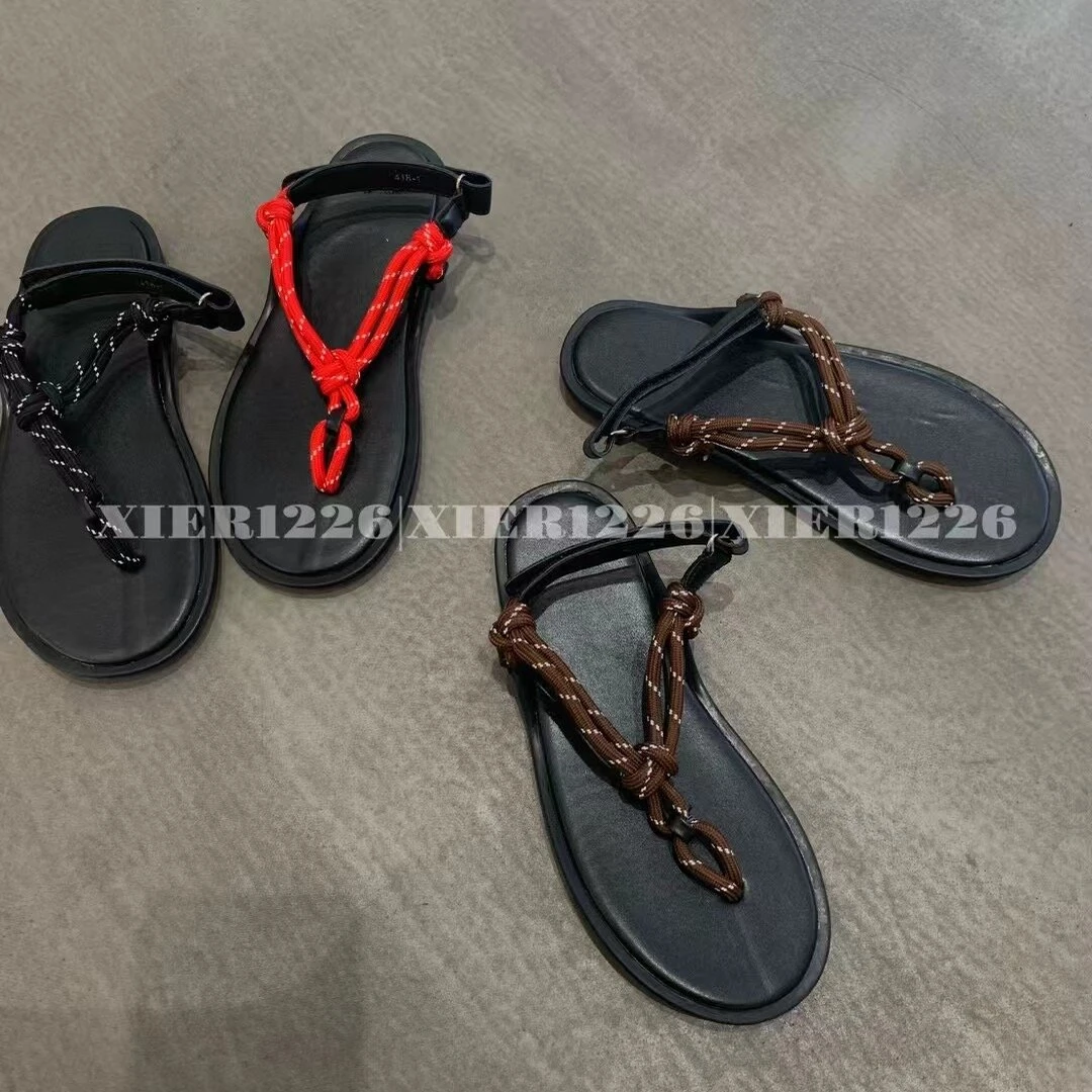 秀场款~绳结夹趾人字休闲沙滩平底魔术贴凉鞋女鞋