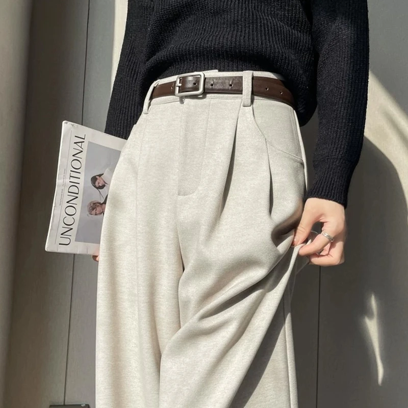 加绒毛呢裤子阔腿裤女秋冬季小个子直筒窄版高腰西装长裤休闲百搭
