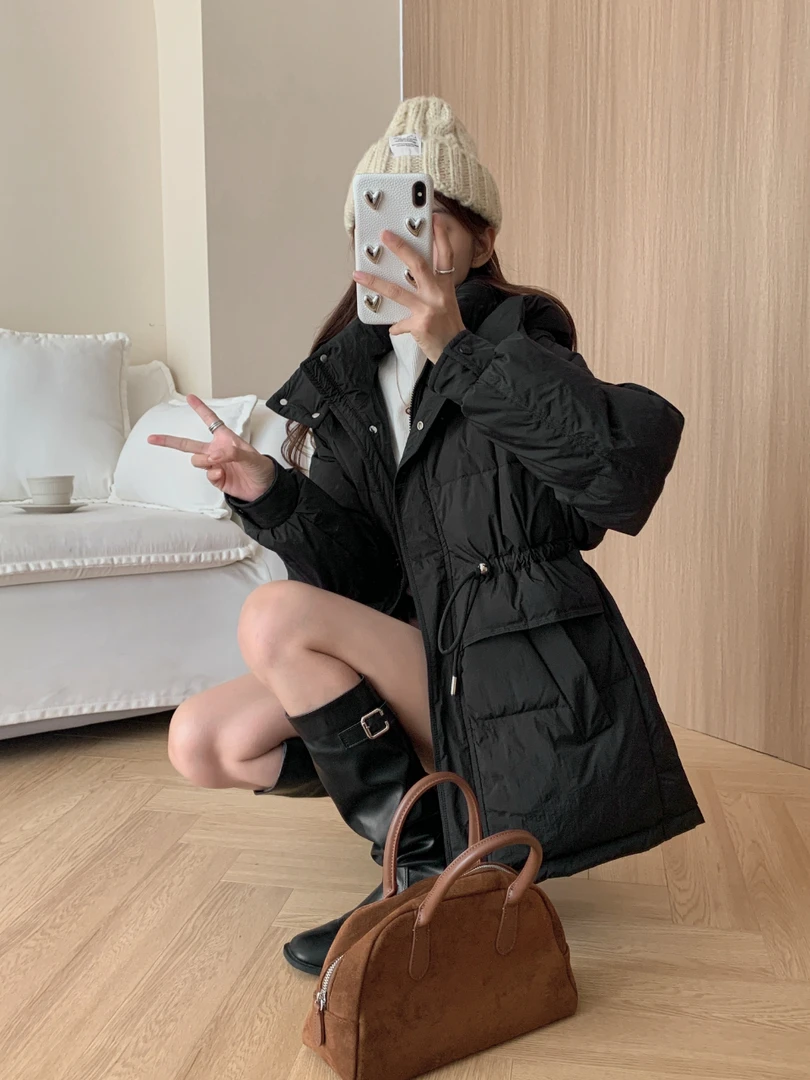 秋冬新款收腰短款羽绒服女加厚连帽时尚简约抽绳显瘦外套3615