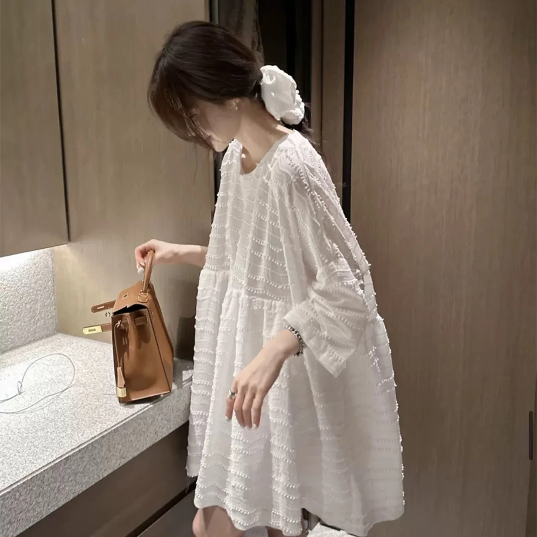 128 2025春秋装圆领打底衬衣裙全棉宽松蕾丝打底连衣裙子