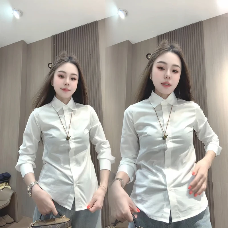 欧洲站2025秋冬新款白色纯色衬衫女长袖洋气网红修身时髦打底上衣