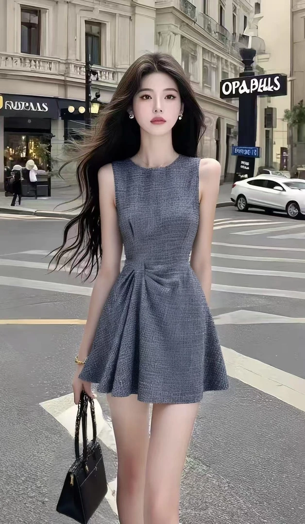 夏季新款氛围感小清新纯欲风深灰色圆领无袖收腰设计感连衣裙女