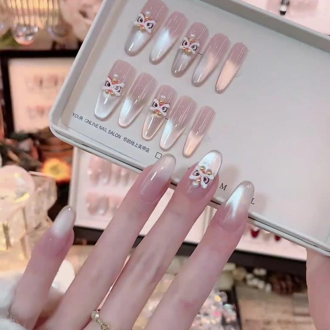 新年醒狮好运连连(10片)手工穿戴甲美甲显白指甲贴片可拆显手长