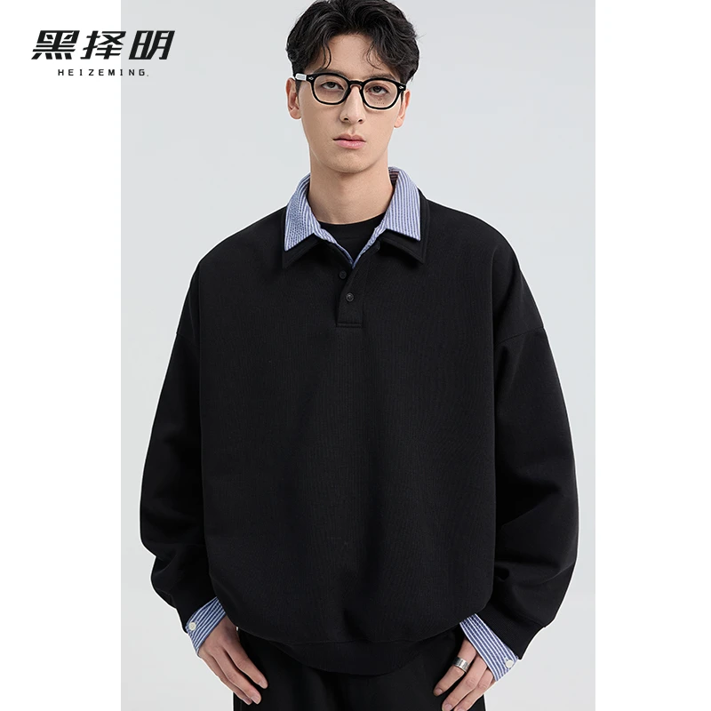 黑择明男士拼接假两件衬衫领卫衣韩版休闲套头春装卫衣HBC1W6662