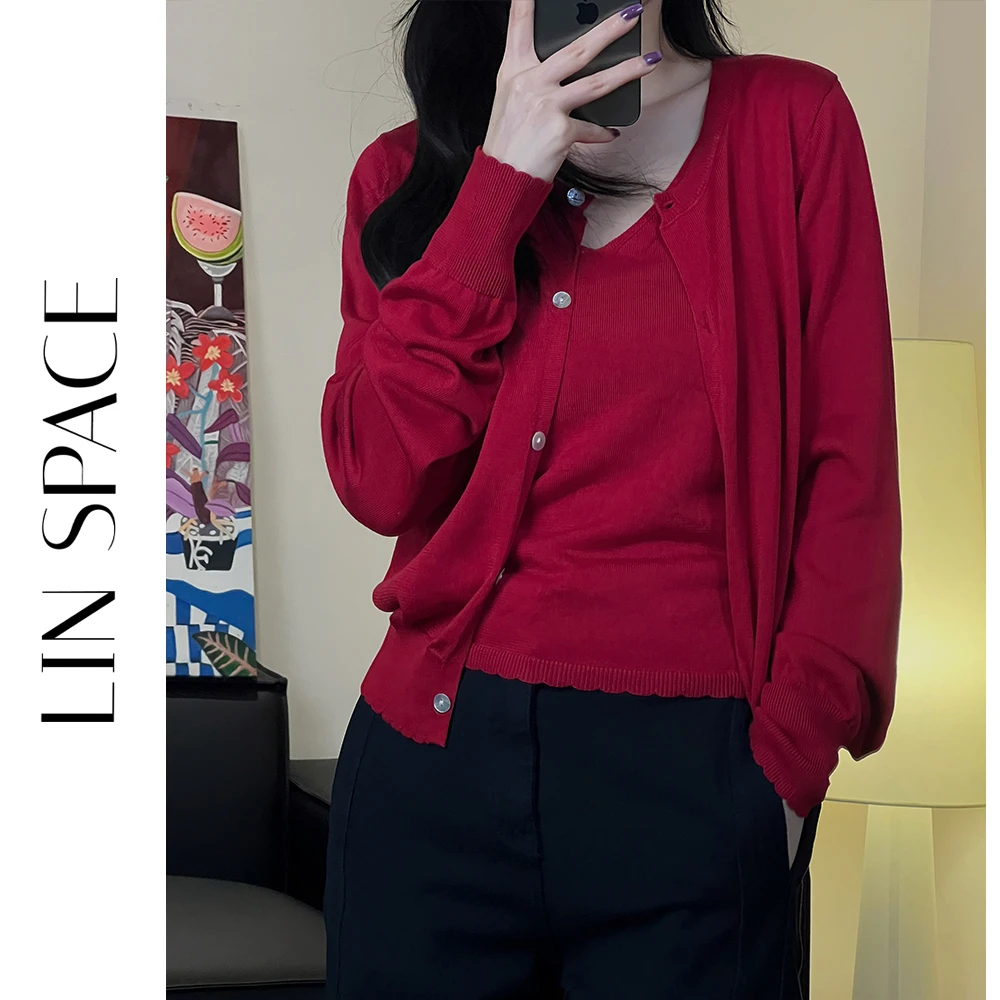 陈陈琳呀【纸片人】复古红色两件套针织衫背心+开衫设计感上衣