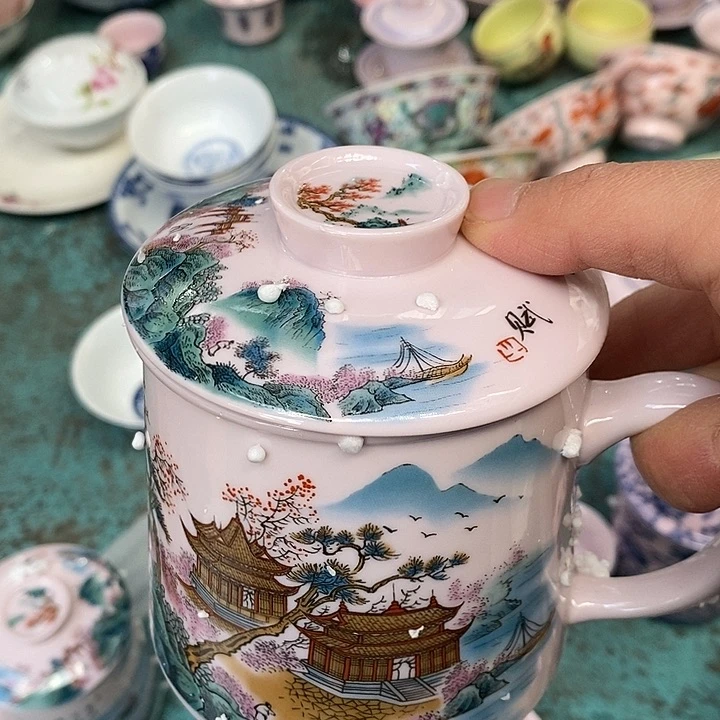 摆件陶瓷红稀土彩山水办公杯