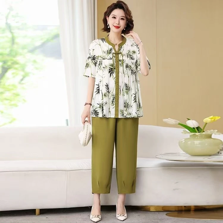 气质女装大码妈妈装中老年夏季宽松洋气时髦时尚休闲国风款套装