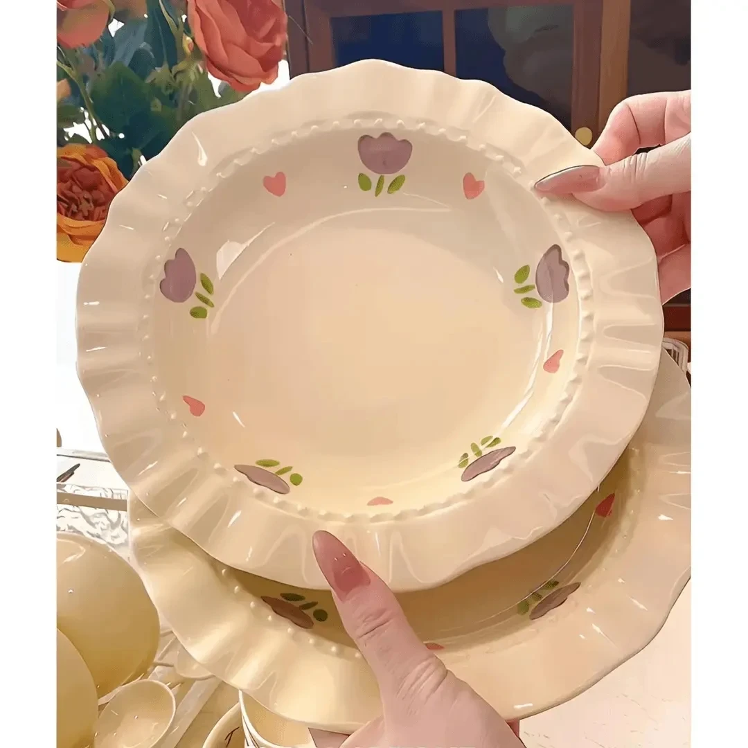 英寸奶家用盘子奶油风陶瓷餐盘耐高温高颜值草帽盘陶瓷餐具
