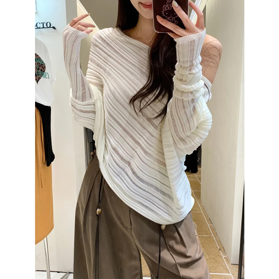 休闲法式性感斜领露肩长袖针织衫女秋季女装蝙蝠袖气质慵懒风上衣