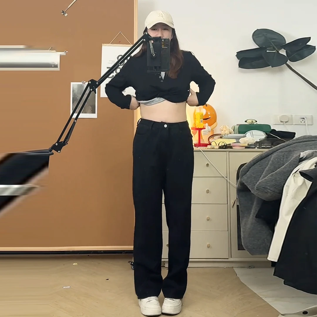 大码显瘦百搭直筒裤子女秋冬高腰微胖mm复古小个子宽松阔腿牛仔裤