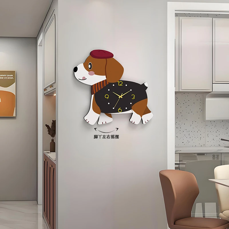 狗狗挂钟客厅创意时钟挂墙静音摇摆钟创意挂表家用石英钟表免打孔