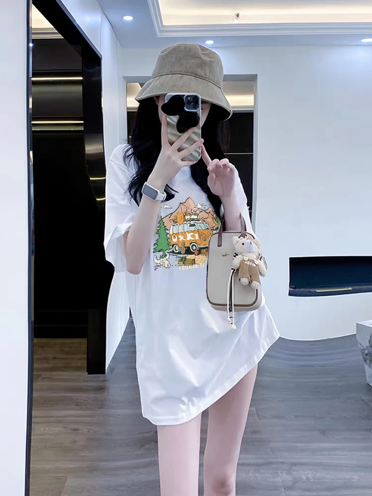 洋气时尚纯棉白色短袖女款圆领t恤夏季新款宽松中长款遮屁股上衣