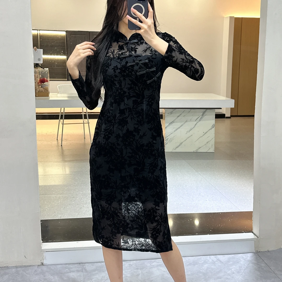 植物花卉黑色时尚旗袍裙秋季连衣裙中长款开叉复古提花