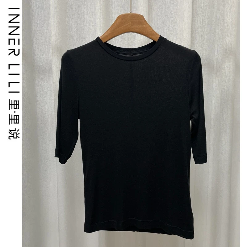 里里说天丝羊毛混纺打底中袖修身显瘦圆领上衣25039