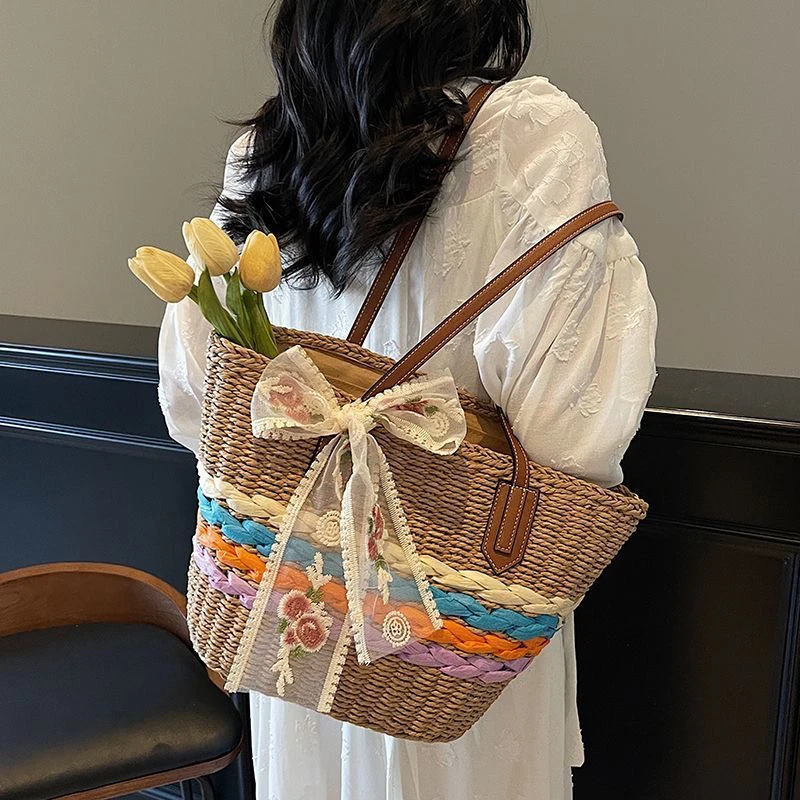 洋气夏天单肩包水桶包夏季编织单肩手机袋编织包包小众托特包