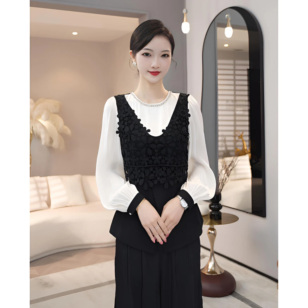 唐熹2025早秋款【QQ-1214】静奢风气质假两件黑色拼接钉珠衬衫上衣