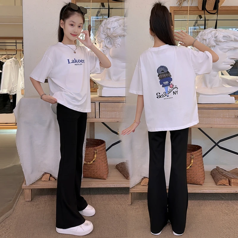 女童夏季套装中大童韩版卡通动漫短袖T恤学生休闲微喇裤子两件套