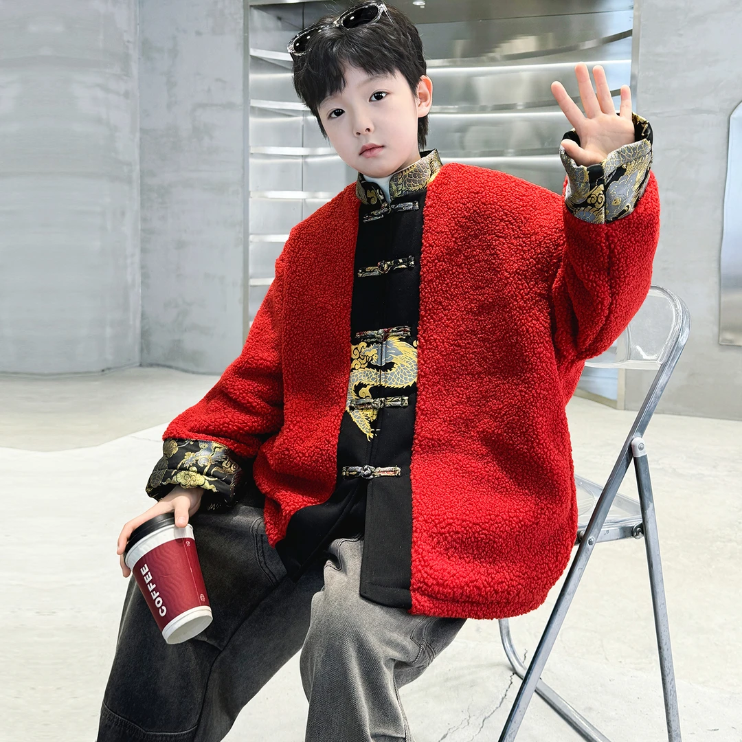 男童冬季外套加绒加厚2025新款大童冬装儿童拜年服红色夹棉毛毛衣