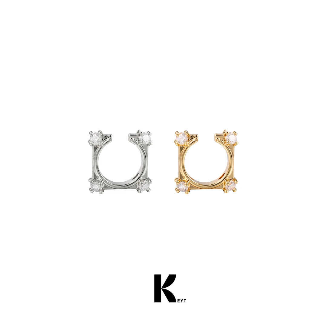 铜合金合成锆石耳饰 正方形满锆金银两色耳骨夹A213