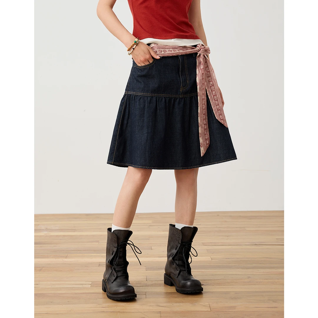 章鱼家【横向分割设计】水洗高腰复古碎褶显瘦牛仔半裙octopusme