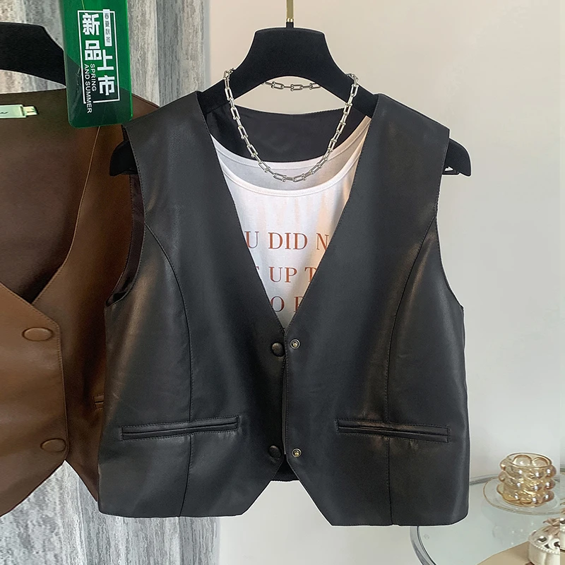 仿皮马甲女2025秋装新款皮背心坎肩V领修身显瘦百搭叠穿马夹皮衣