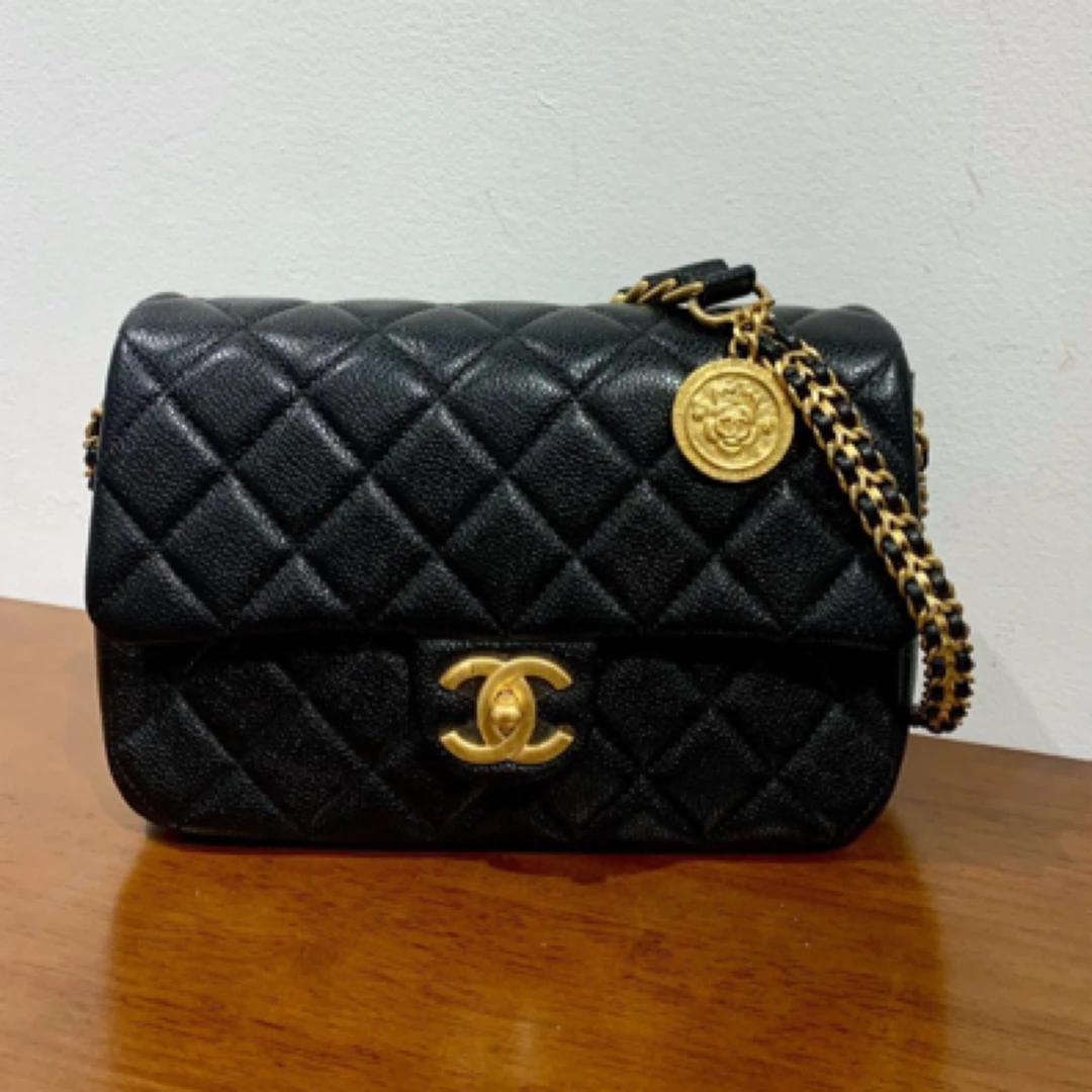 99新 Chanel/香奈儿 21A黑金荔枝牛金币方胖子单肩斜挎包
